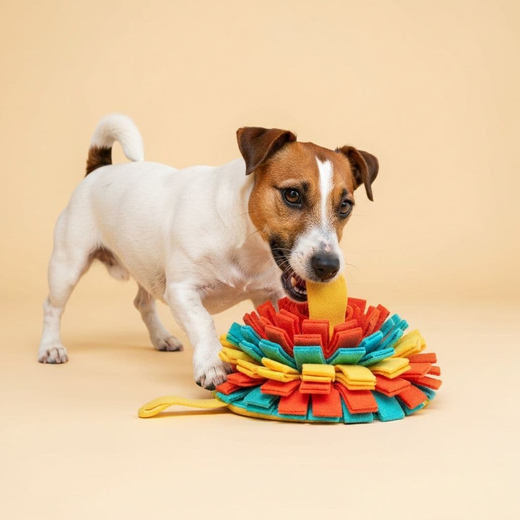 Un Jack Russell jouant joyeusement avec un snuffle mat