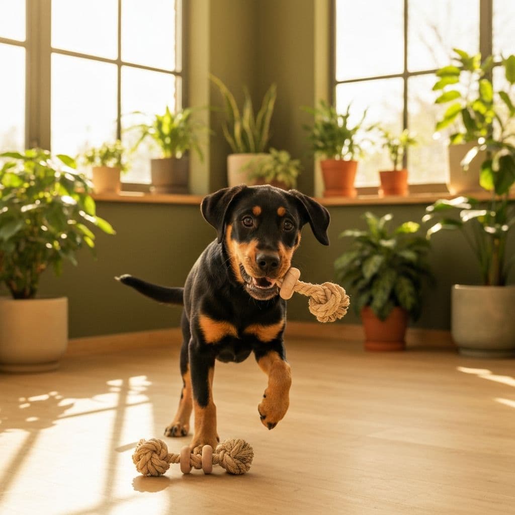 Un chiot labrador jouant avec des jouets ecologiques